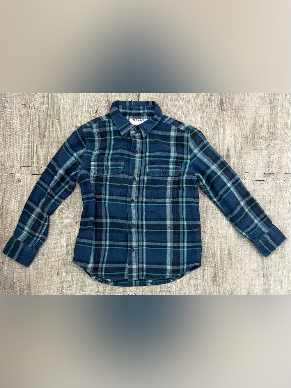 Old Navy Boys 6/7 Blue Green Gray Plaid Flannel Button-Up Shirt Pockets